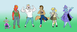 Size: 1437x603 | Tagged: safe, artist:metal-kitty, big macintosh, bulk biceps, derpy hooves, doctor whooves, spike, time turner, trixie, earth pony, anthro, g4, clothes, line-up, messenger bag, pants, skirt, trenchcoat