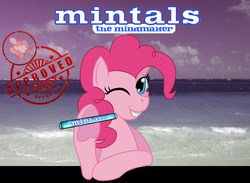 Size: 3000x2200 | Tagged: safe, artist:elmutanto, pinkie pie, earth pony, pony, fallout equestria, g4, advertisement, beach, fanfic, fanfic art, female, high res, hooves, looking at you, mare, mentos, ministry mares, ministry of morale, mint-als, party time mintals, poster, smiling, solo, stamp of approval, teeth, text, underhoof, wink