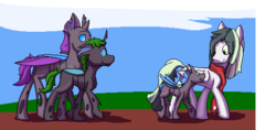 Size: 540x254 | Tagged: safe, artist:graytr, oc, oc only, oc:thistlewing, oc:tomfool, changeling, pegasus, pony, family, group