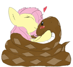 Size: 1280x1179 | Tagged: safe, artist:firefanatic, fluttershy, snake, g4, blushing, smooch