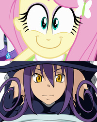 Size: 960x1200 | Tagged: safe, edit, edited screencap, screencap, fluttershy, equestria girls, g4, blair (soul eater), comparison, emiri katou, happyshy, soul eater, voice actor joke