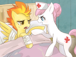 Size: 800x600 | Tagged: safe, artist:yurinokesin, nurse redheart, spitfire, earth pony, pegasus, pony, g4, angry, bandage, bed, cutie mark, frown, hat, indoors, injured, nurse hat, open mouth, raised hoof, spread wings, stern, sweatdrop, wings