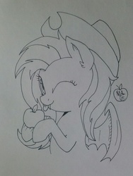 Size: 960x1280 | Tagged: safe, artist:notenoughapples, fluttershy, bat pony, pony, g4, accessory theft, apple, applejack's hat, cute, flutterbat, hat, monochrome, tongue out, traditional art, wink