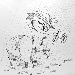Size: 1000x1000 | Tagged: safe, artist:shydale, rarity, pony, unicorn, g4, clothes, detective, detective rarity, female, glowing, glowing horn, hat, horn, magnifying glass, monochrome, rain, solo