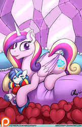 Size: 825x1275 | Tagged: safe, artist:nekocrispy, princess cadance, shining armor, alicorn, pony, g4, cushion, cute, cutedance, female, heart, mare, patreon, plushie, prone, solo