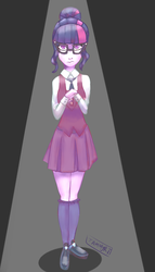 Size: 800x1400 | Tagged: safe, artist:tammy-chaan, sci-twi, twilight sparkle, equestria girls, g4, my little pony equestria girls: friendship games, clothes, female, nervous, school uniform, solo, spotlight