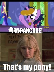 Size: 456x614 | Tagged: safe, edit, screencap, twilight sparkle, alicorn, human, castle sweet castle, g4, bench, cabin fever, caption, discovery family logo, food, horn, horn impalement, i'm pancake, image macro, long hair, male, meme, movie, pancakes, that's my pony, that's my x, twilight sparkle (alicorn)