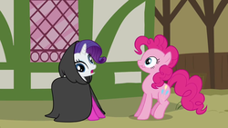 Size: 1280x720 | Tagged: safe, screencap, pinkie pie, rarity, g4, season 3, too many pinkie pies, cloak, clothes, derp, funny, funny face, great moments in animation, hood, socks