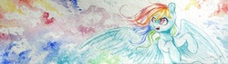 Size: 3744x1070 | Tagged: safe, artist:amishy, rainbow dash, g4, female, solo, spread wings, traditional art, watercolor painting, windswept mane