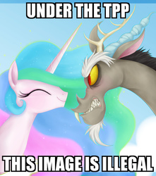 Size: 706x800 | Tagged: safe, artist:mn27, edit, discord, princess celestia, g4, angry, drama, eyes closed, frown, glare, gritted teeth, happy, image macro, meme, smiling, trans-pacific partnership