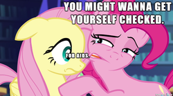 Size: 610x340 | Tagged: safe, fluttershy, pinkie pie, g4, aids, faic, female, hiv, image macro, lesbian, meme, ship:flutterpie, shipping