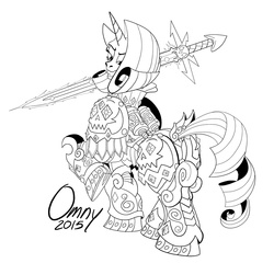 Size: 1000x959 | Tagged: safe, artist:omny87, rarity, pony, unicorn, armor, black and white, chaos space marine, commission, crossover, fabulous, female, gem, grayscale, iron warriors, mare, monochrome, power armor, power sword, signature, simple background, solo, sword, warhammer (game), warhammer 40k, weapon, white background