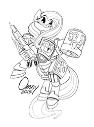 Size: 1000x1347 | Tagged: safe, artist:omny87, fluttershy, pegasus, pony, g4, armor, black and white, chaos space marine, commission, crossover, female, grayscale, iron warriors, mare, monochrome, narthecium, power armor, signature, simple background, solo, turbine, warhammer (game), warhammer 40k, white background