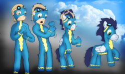 Size: 900x533 | Tagged: safe, alternate version, artist:mutrio, soarin', human, pegasus, pony, g4, blonde hair, cloud, folded wings, goggles, human male, human to pony, light skin, male, open mouth, real life background, simple background, solo, stallion, transformation, transformation sequence, wings, wonderbolts uniform