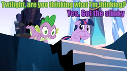 Size: 720x405 | Tagged: safe, edit, edited screencap, screencap, spike, twilight sparkle, g4, the crystal empire, green text, hooves together, image macro, meme, purple text, slinky, stairs