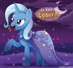 Size: 1871x1742 | Tagged: safe, artist:the-butch-x, trixie, pony, unicorn, g4, cape, clothes, dialogue, female, loser, mare, moon, night, raised hoof, smiling, solo, speech bubble, text, trixie's cape