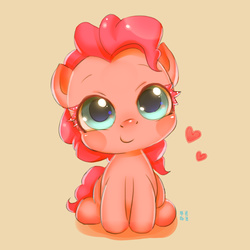 Size: 1603x1603 | Tagged: safe, artist:mrs1989, pinkie pie, earth pony, pony, g4, chibi, colored eyelashes, cute, diapinkes, female, filly, filly pinkie pie, heart, looking at you, sitting, solo, tan background, weapons-grade cute