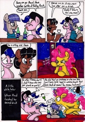 Size: 1024x1462 | Tagged: safe, artist:newyorkx3, maud pie, oc, oc:karen, oc:mikey (legacy), g4, comic, dialogue, drunk, drunk bubbles, kakey, kiss mark, rolling rock, traditional art