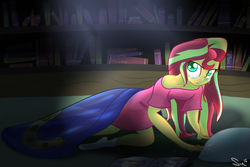 Size: 1500x1000 | Tagged: safe, artist:sintakhra, sunset shimmer, equestria girls, g4, clothes, crying, female, homeless, library, nightgown, socks, solo