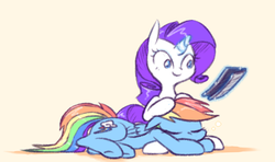 Size: 698x414 | Tagged: safe, artist:raridashdoodles, rainbow dash, rarity, g4, female, glowing horn, horn, lesbian, levitation, magic, petting, reading, ship:raridash, shipping, sleeping