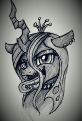 Size: 993x1465 | Tagged: safe, artist:heavymetalbronyyeah, queen chrysalis, changeling, changeling queen, g4, adoracreepy, bust, choker, creepy, crown, cute, cutealis, ear piercing, earring, female, grayscale, helix piercing, jewelry, looking at you, monochrome, open mouth, piercing, portrait, regalia, smiling, solo, spiked choker, tongue out, traditional art