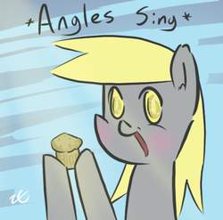 Size: 526x519 | Tagged: safe, artist:liracrown, derpy hooves, angel, pegasus, pony, g4, cute, derpabetes, female, happy, mare, misspelling, muffin, smiling, solo, that pony sure does love muffins