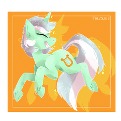 Size: 1000x1000 | Tagged: safe, artist:tallykale, lyra heartstrings, pony, unicorn, g4, abstract background, eyes closed, female, galloping, grin, happy, smiling, solo, unshorn fetlocks