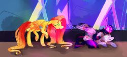 Size: 1102x500 | Tagged: safe, artist:tallykale, fluttershy, twilight sparkle, alicorn, pony, g4, anxiety, comforting, crying, female, glowing horn, horn, mare, panic attack, sad, twilight sparkle (alicorn)