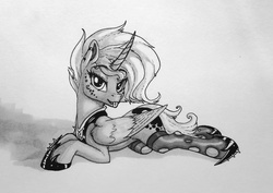 Size: 1280x904 | Tagged: safe, artist:shydale, princess luna, g4, female, grayscale, inktober, monochrome, piercing, prone, punk, solo, tattoo, tongue out, tongue piercing, traditional art