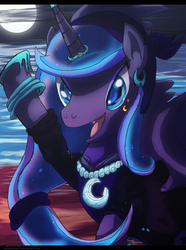 Size: 1024x1379 | Tagged: safe, artist:autobotchari, princess luna, g4, female, horn, horn ring, moon, pirate, raised hoof, solo