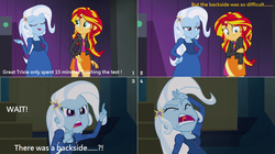 Size: 1109x619 | Tagged: safe, anonymous editor, sunset shimmer, trixie, equestria girls, g4, my little pony equestria girls: rainbow rocks, screencap comic