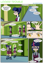 Size: 1270x1843 | Tagged: safe, artist:icesticker, indigo zap, lemon zest, sci-twi, twilight sparkle, equestria girls, g4, my little pony equestria girls: friendship games, abuse, bully, bullying, clothes, comic, crystal prep academy, crystal prep academy uniform, human coloration, lockers, school uniform, twilybuse