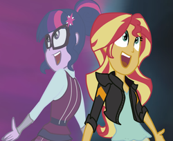 Size: 542x443 | Tagged: safe, artist:cumyns, sci-twi, sunset shimmer, twilight sparkle, equestria girls, g4, my little pony equestria girls: friendship games, clothes, crystal prep academy, crystal prep academy uniform, crystal prep shadowbolts, deleted scene, duo, glasses, homesick shimmer, leather jacket, open mouth, school uniform, singing, what more is out there