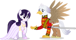 Size: 1231x649 | Tagged: safe, artist:vector-brony, oc, oc only, oc:mage, oc:silver quill, classical hippogriff, hippogriff, pony, unicorn, blushing, clothes, cross-eyed, cute, dress, female, male, oc x oc, raised hoof, shipping, smiling, spread wings, straight, sword, uniform, weapon