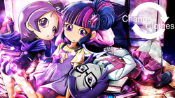 Size: 3000x1687 | Tagged: safe, artist:skyshek, sci-twi, twilight sparkle, equestria girls, g4, adorkable, clothes, clothes swap, crossover, crystal prep academy uniform, cute, dork, equestria girls outfit, humanized, moe, ojamajo doremi, onpu segawa, raven (dc comics), school uniform, teen titans, twiabetes