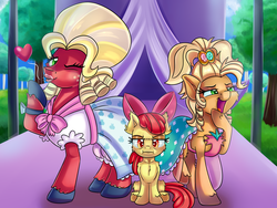Size: 4000x3000 | Tagged: safe, artist:discorded, apple bloom, applejack, big macintosh, earth pony, pony, brotherhooves social, g4, season 5, :i, apple bloom is best facemaker, apple bloom is not amused, apple siblings, applejack is best facemaker, applejewel, bloomers, blowing a kiss, chest fluff, crossdressing, female, filly, fluffy, foal, heart, looking at you, male, mare, noblewoman's laugh, orchard blossom, stallion, this will end in angry countryisms, unamused, unshorn fetlocks