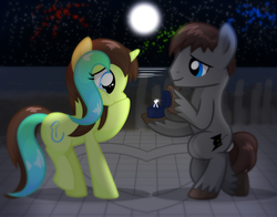 Size: 1280x1005 | Tagged: safe, artist:equinepalette, oc, oc only, crying, cute, daaaaaaaaaaaw, engagement ring, female, fireworks, male, marriage proposal, ponysona, straight, tears of joy