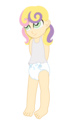 Size: 722x1106 | Tagged: dead source, safe, artist:the-crusader-network, sweetie belle, human, g4, barefoot, cute, diaper, diasweetes, feet, female, humanized, non-baby in diaper, simple background, solo, transparent background