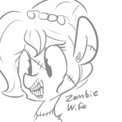Size: 586x586 | Tagged: dead source, safe, artist:tjpones, oc, oc only, oc:brownie bun, earth pony, pony, zombie, horse wife, adoracreepy, bust, creepy, cute, ear fluff, female, grayscale, mare, monochrome, rotten teeth, simple background, solo, stitches, what has science done, white background