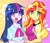 Size: 1000x853 | Tagged: safe, artist:gesshori, sunset shimmer, twilight sparkle, equestria girls, g4, female, holding hands, japanese, lesbian, pixiv, ship:sunsetsparkle, shipping