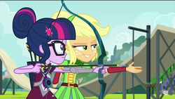 Size: 1920x1080 | Tagged: safe, screencap, applejack, sci-twi, twilight sparkle, equestria girls, g4, my little pony equestria girls: friendship games, applejack is best facemaker, archery, arrow, bow (weapon), bow and arrow, dat face, weapon