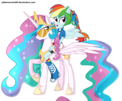 Size: 4000x3333 | Tagged: safe, artist:pfdanonrain99, princess celestia, rainbow dash, pony, equestria girls, g4, alternative cutie mark placement, braid, facial cutie mark, humans riding ponies, open mouth, ponied up, raised hoof, riding, simple background, smiling, spread wings, sunglasses, transparent background