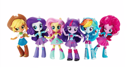 Size: 1344x768 | Tagged: safe, applejack, fluttershy, pinkie pie, rainbow dash, rarity, twilight sparkle, alicorn, equestria girls, official, chibi, clothes, cute, doll, equestria girls minis, irl, looking at you, mane six, photo, skirt, smiling, tanktop, toy, twilight sparkle (alicorn), wink