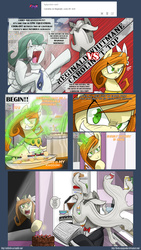 Size: 3240x5760 | Tagged: safe, artist:dracojayproduct, oc, oc only, oc:caroline, oc:reginald whitmane, oc:willow, ask the lie cast, comic, competition, cooking, kitchen, moustache, necktie, tumblr