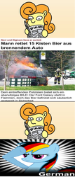 Size: 681x1587 | Tagged: safe, carrot top, golden harvest, rainbow dash, earth pony, pony, g4, background pony, beer, car, deutsch, exploitable meme, female, fire, foal free press, ford, german, german dash, germany, mare, meme, news, newspaper, newspaper meme, priorities, salute, save the beer, woonoggles