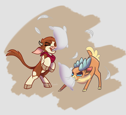 Size: 963x877 | Tagged: safe, artist:alorix, arizona (tfh), velvet (tfh), cow, deer, reindeer, them's fightin' herds, bandana, cloven hooves, community related, cute, eyes closed, feather, female, grin, lesbian, mouth hold, pillow, pillow fight, rearing, shipping, smiling, velvezona, velvezona daily