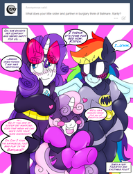 Size: 1700x2217 | Tagged: safe, artist:blackbewhite2k7, rainbow dash, rarity, sweetie belle, pegasus, pony, unicorn, g4, :3, ask, batman, batmare, bipedal, blush sticker, blushing, bodysuit, catfilly, catgirl (dc), catmare, catwoman, clothes, costume, crossover, cute, dialogue, diasweetes, embarrassed, eyes closed, female, floating heart, heart, holding hooves, kitrina falcone, lesbian, open mouth, open smile, ship:raridash, shipping, smiling, smirk, sweat, tumblr, tumblr comic, underhoof