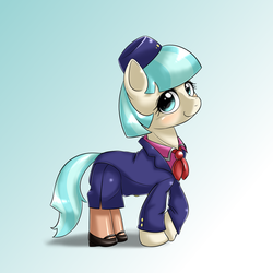 Size: 1000x1000 | Tagged: safe, artist:ushiro no kukan, coco pommel, g4, ascot, blushing, clothes, cocobetes, cute, female, hat, high heels, pantyhose, shoes, side slit, skirt, solo, stewardess, uniform