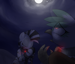 Size: 1400x1200 | Tagged: safe, artist:datte-before-dawn, oc, oc only, griffon, zebra, fallout equestria, bomb collar, collar, moon, night, praying, shackles, slavery