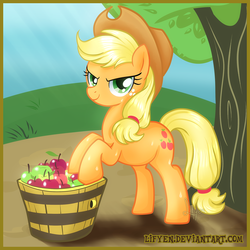 Size: 1200x1200 | Tagged: safe, artist:lifyen, applejack, earth pony, pony, g4, apple, female, looking at you, solo, sweat